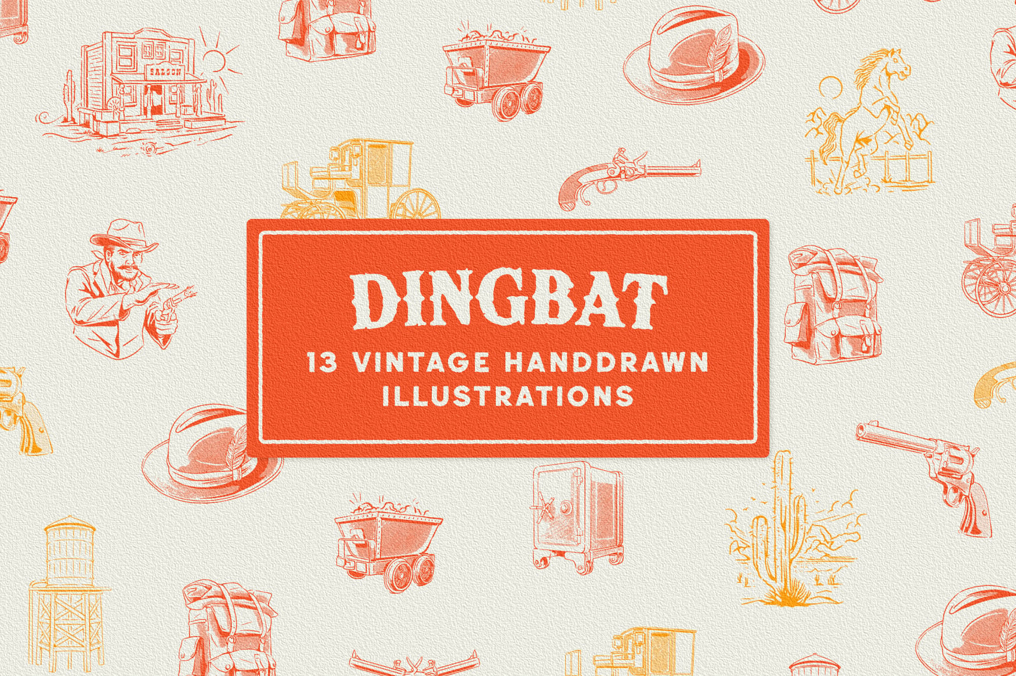 Dingbat's vintage Western illustration set with 13 hand-drawn icons in coral plus yellow tones