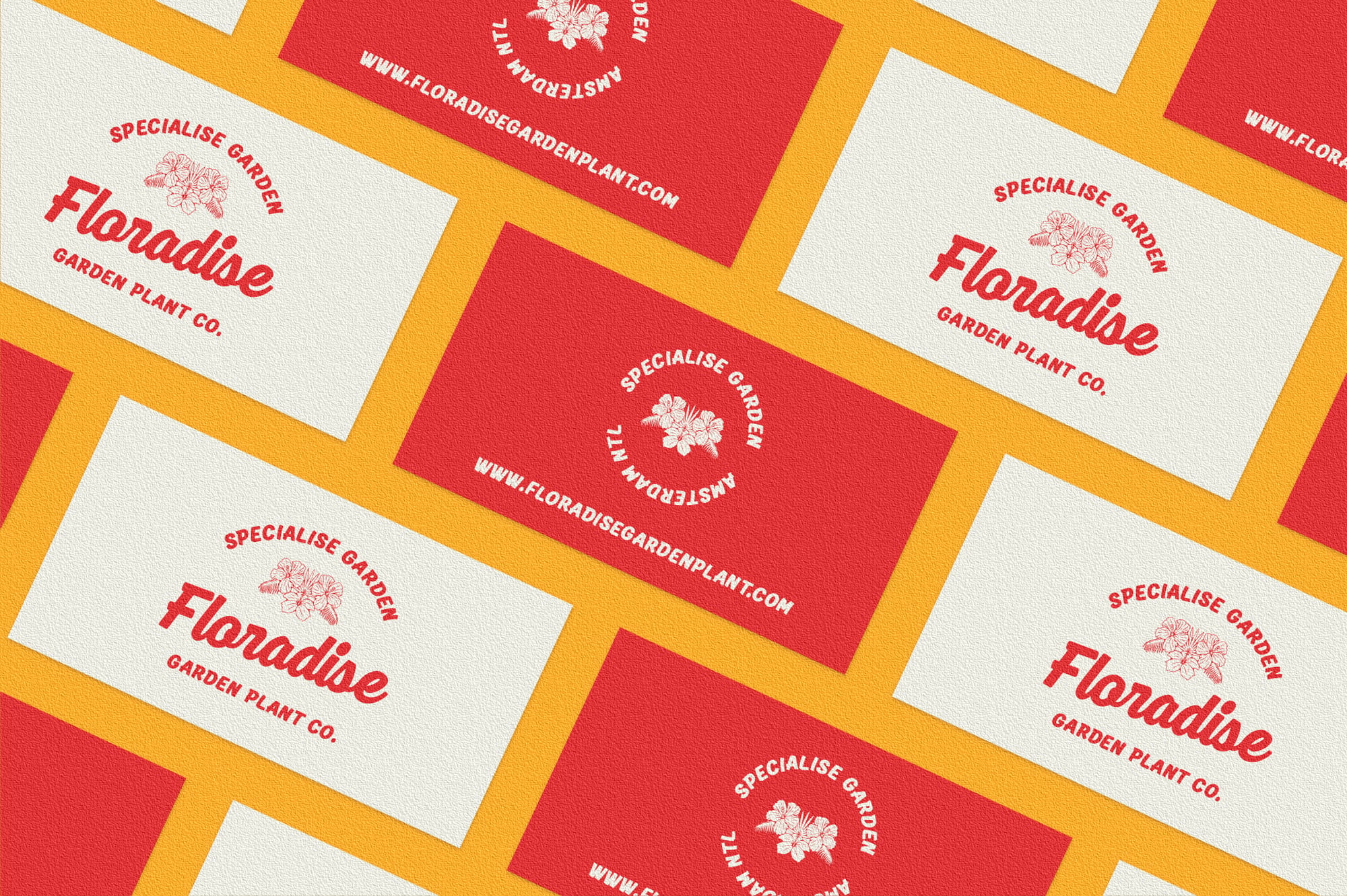 Business cards for Floradibe garden plant company in red, cream, plus gold diagonal layout mockup