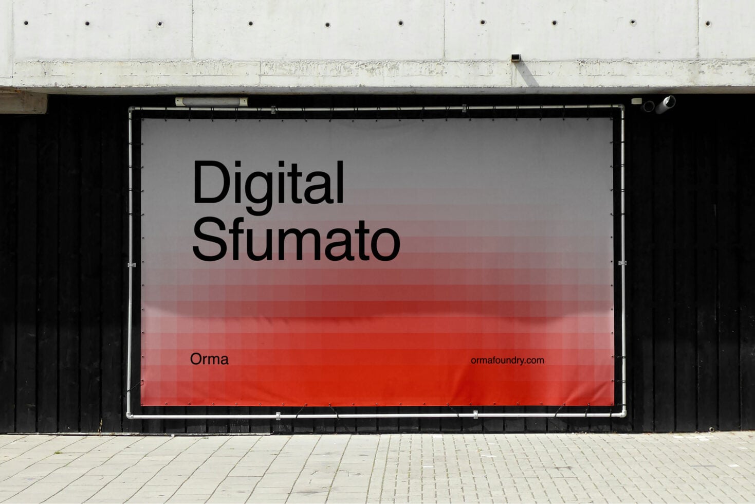 Storefront billboard mockup showing "Digital Sfumato" title with red gradient on gray background