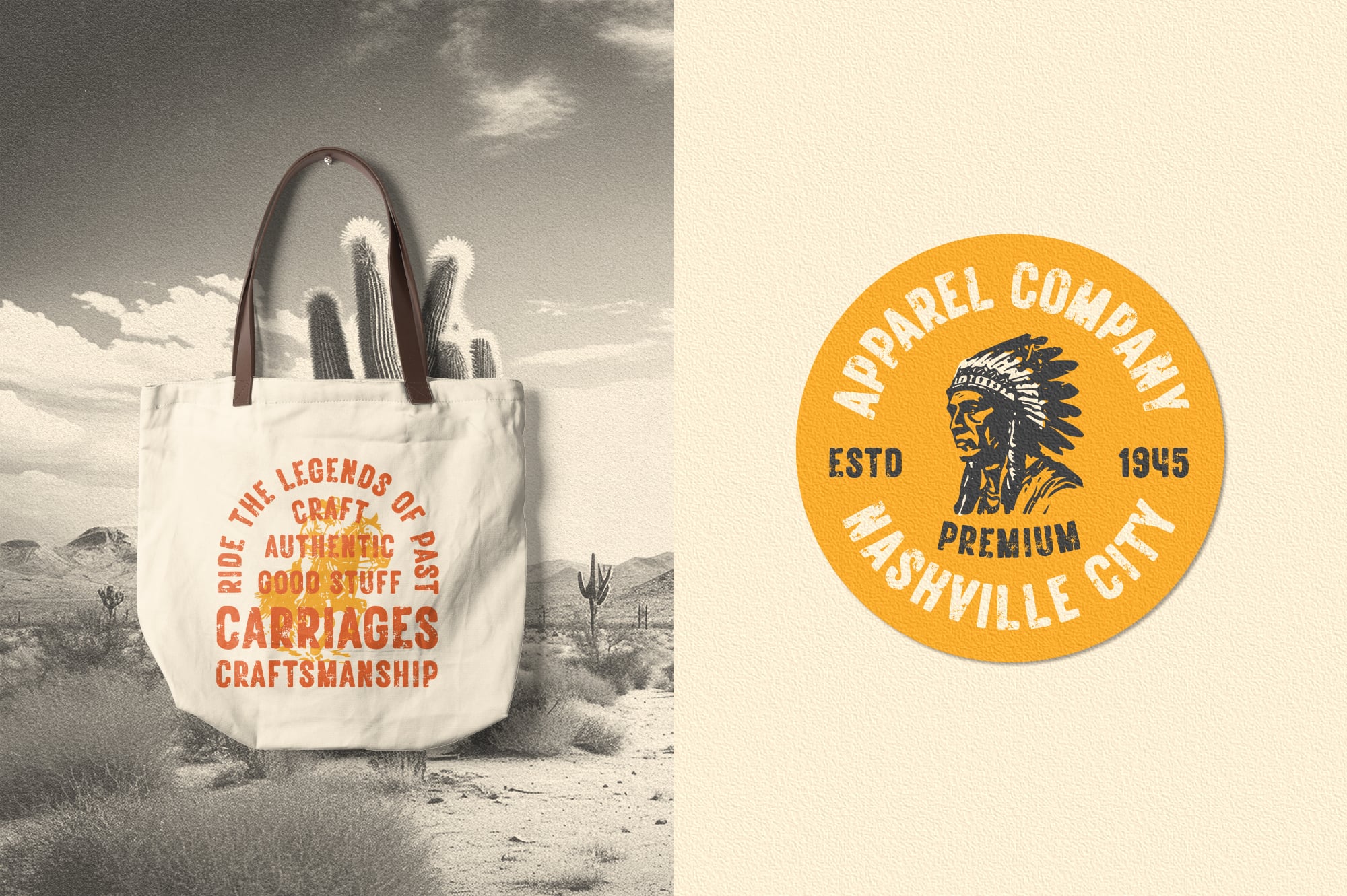 Vintage tote bag with western typography next to retro gold badge design with chief head portrait