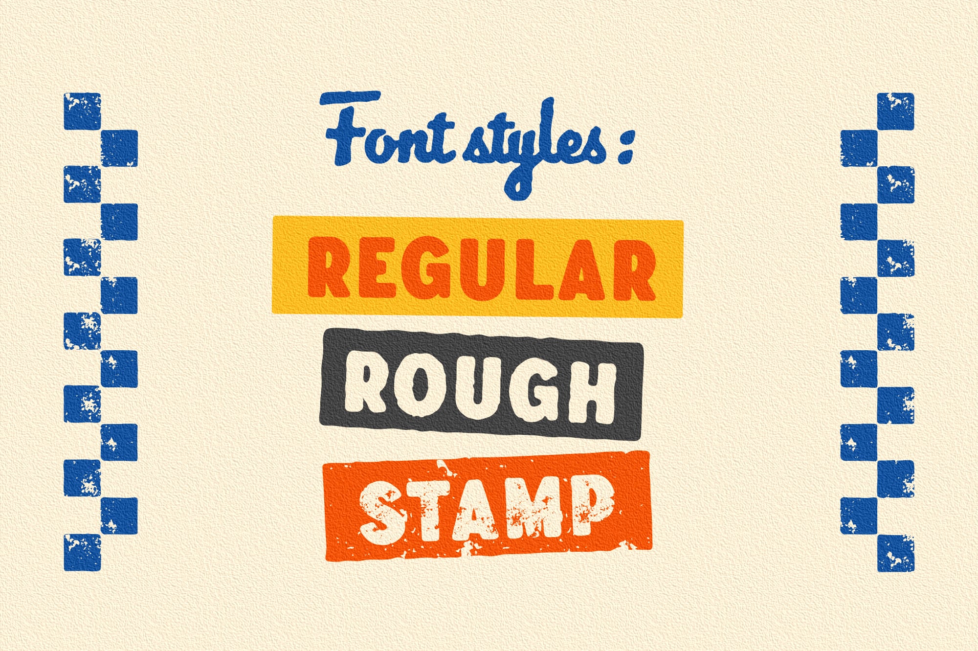 Font styles display showing regular, rough, stamp variations with distressed texture