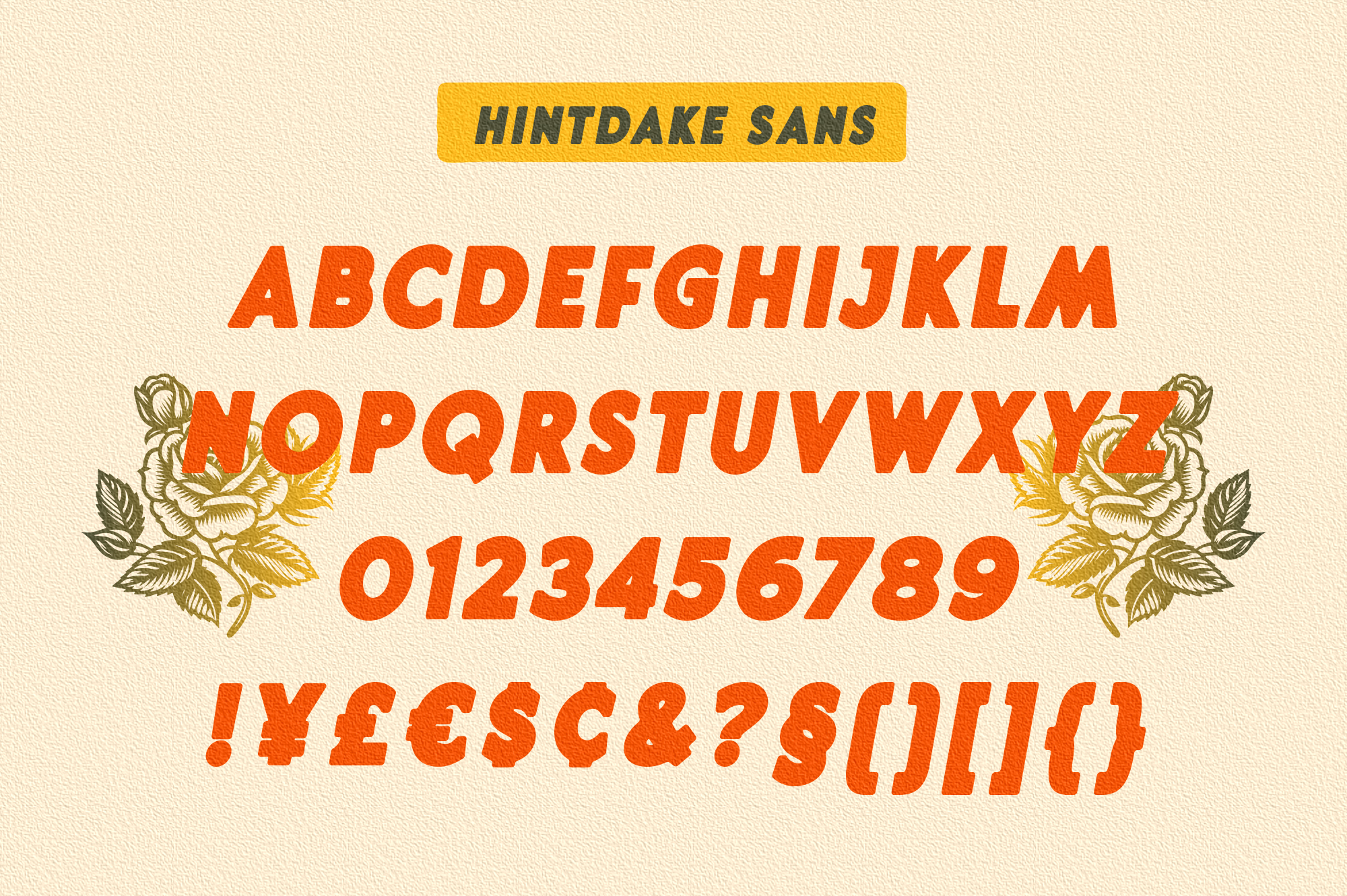 Hintdake Sans font family in bold orange italic with full character set displayed