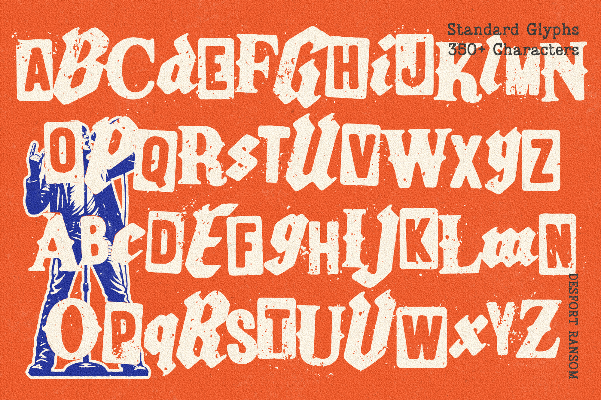 Distressed serif font with 350+ characters, uppercase letters, numbers, symbols on bright orange background