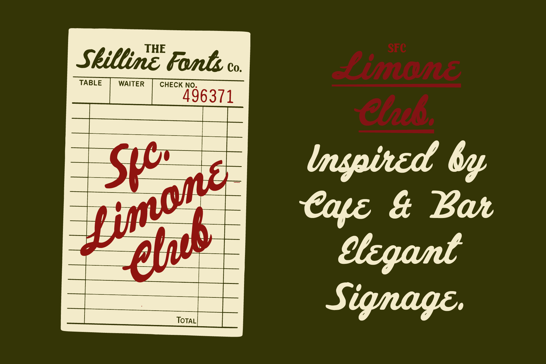 Vintage restaurant check mockup with Skillline Font Co branding on cream receipt