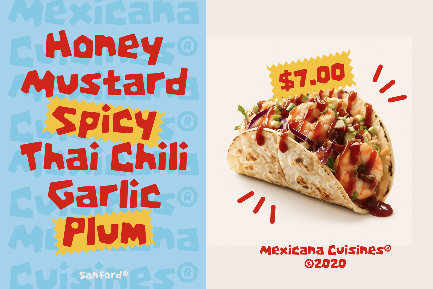 Mexicana Cuisines menu mockup showing taco with price tag, bold red typography on blue background