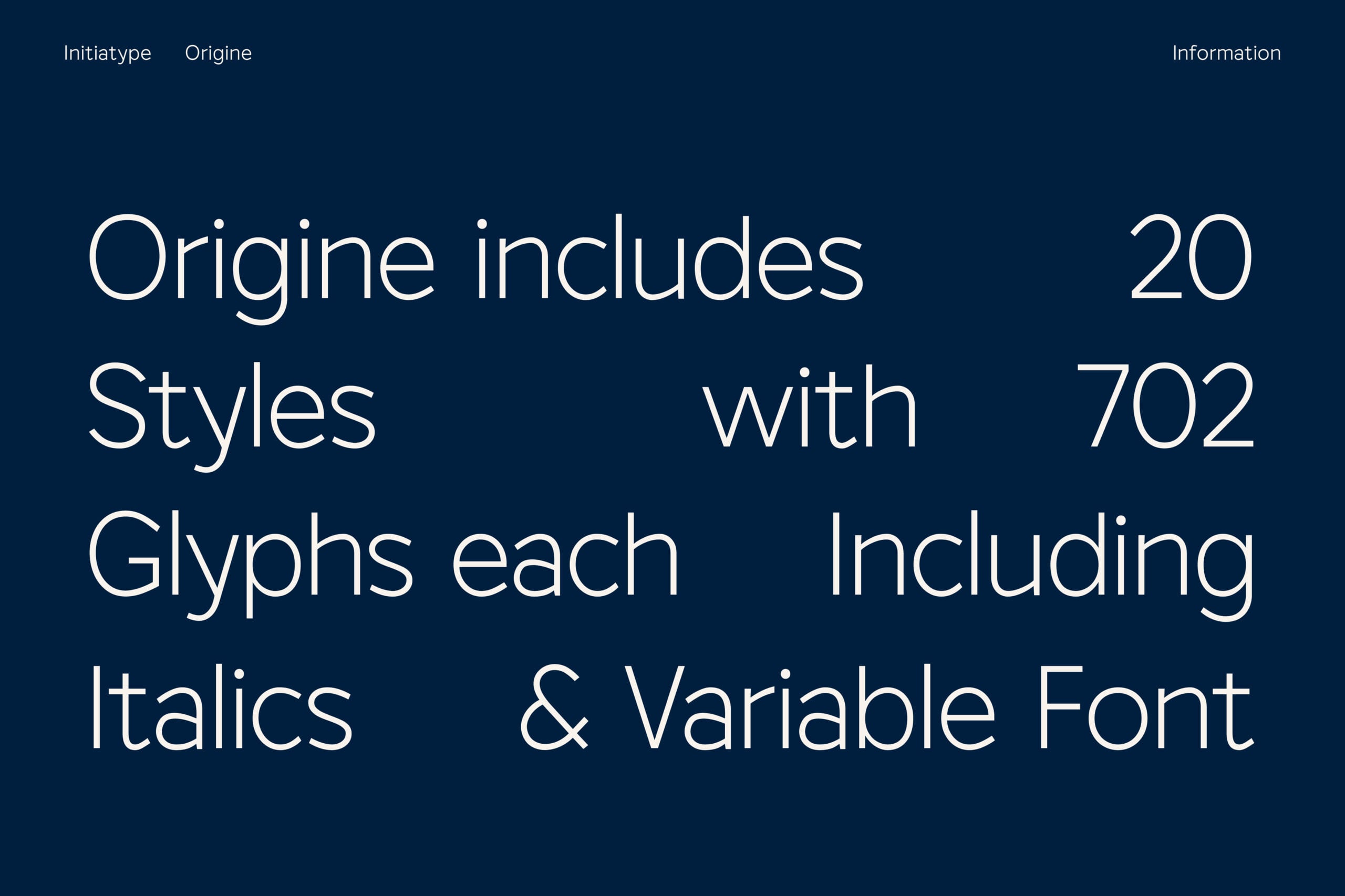 Origine font family specs showing 20 styles with 702 glyphs including italics