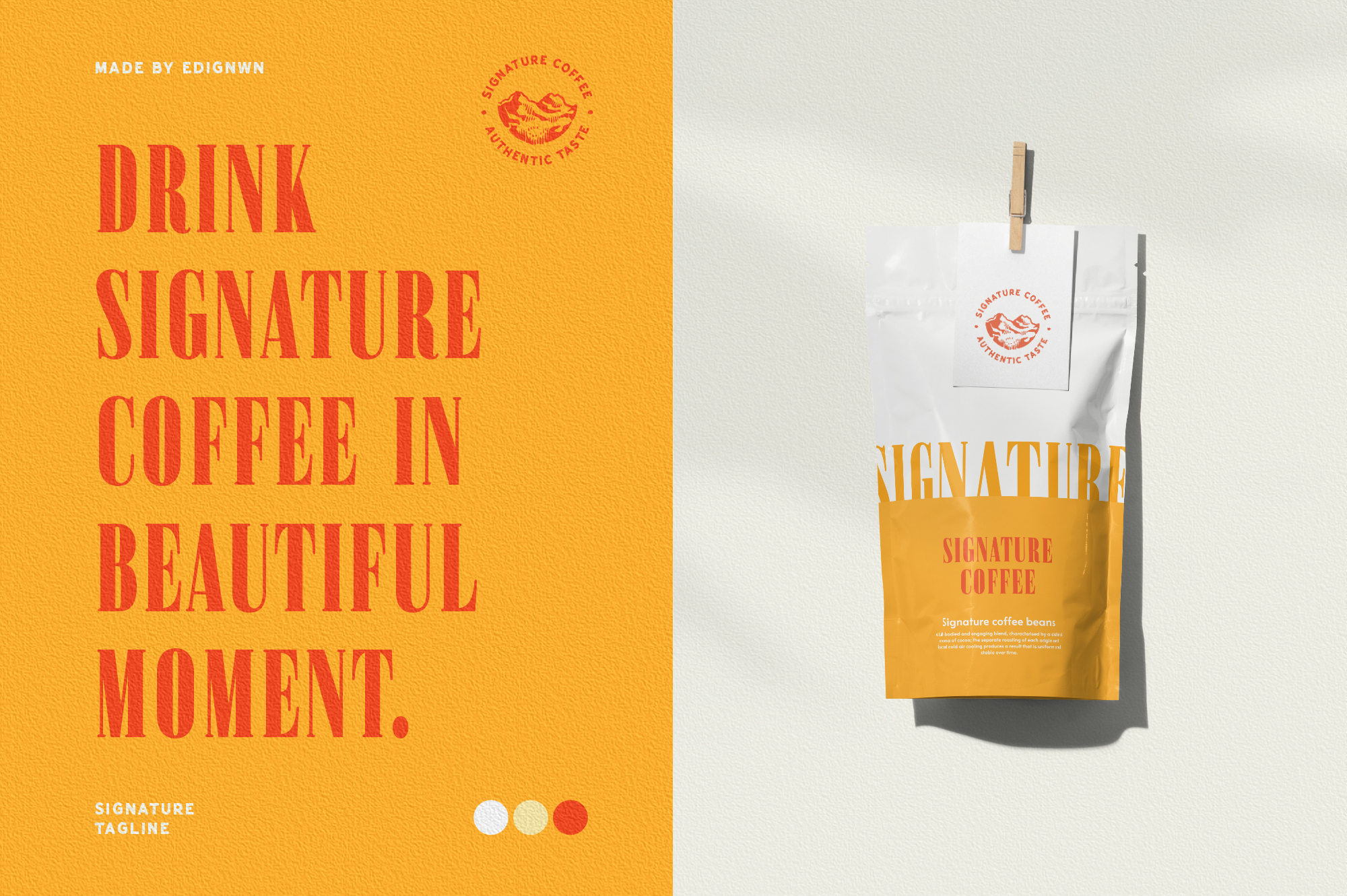 Coffee bag mockup with bold red typography on sunny yellow background plus hanging product shot