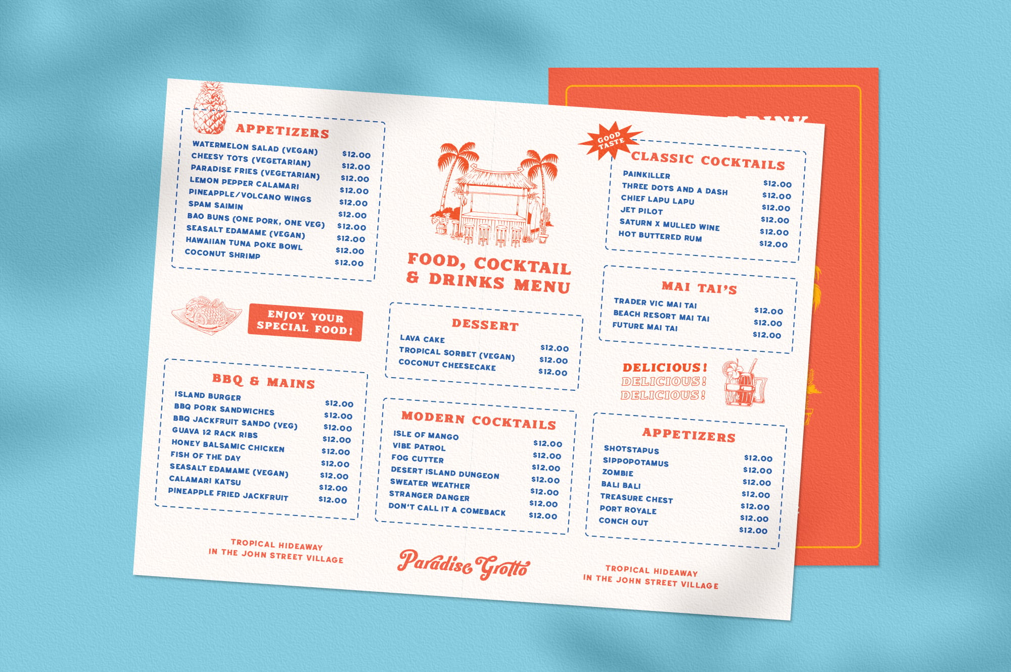Retro tropical restaurant menu mockup with red, blue, orange text on cream background