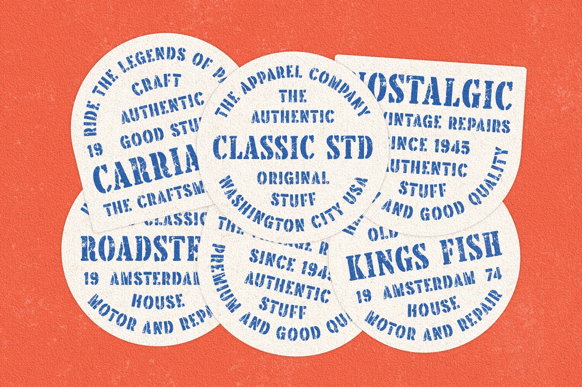 Vintage stamp badge with blue distressed text on cream background, retro vibe with overlapping circular shapes on coral red