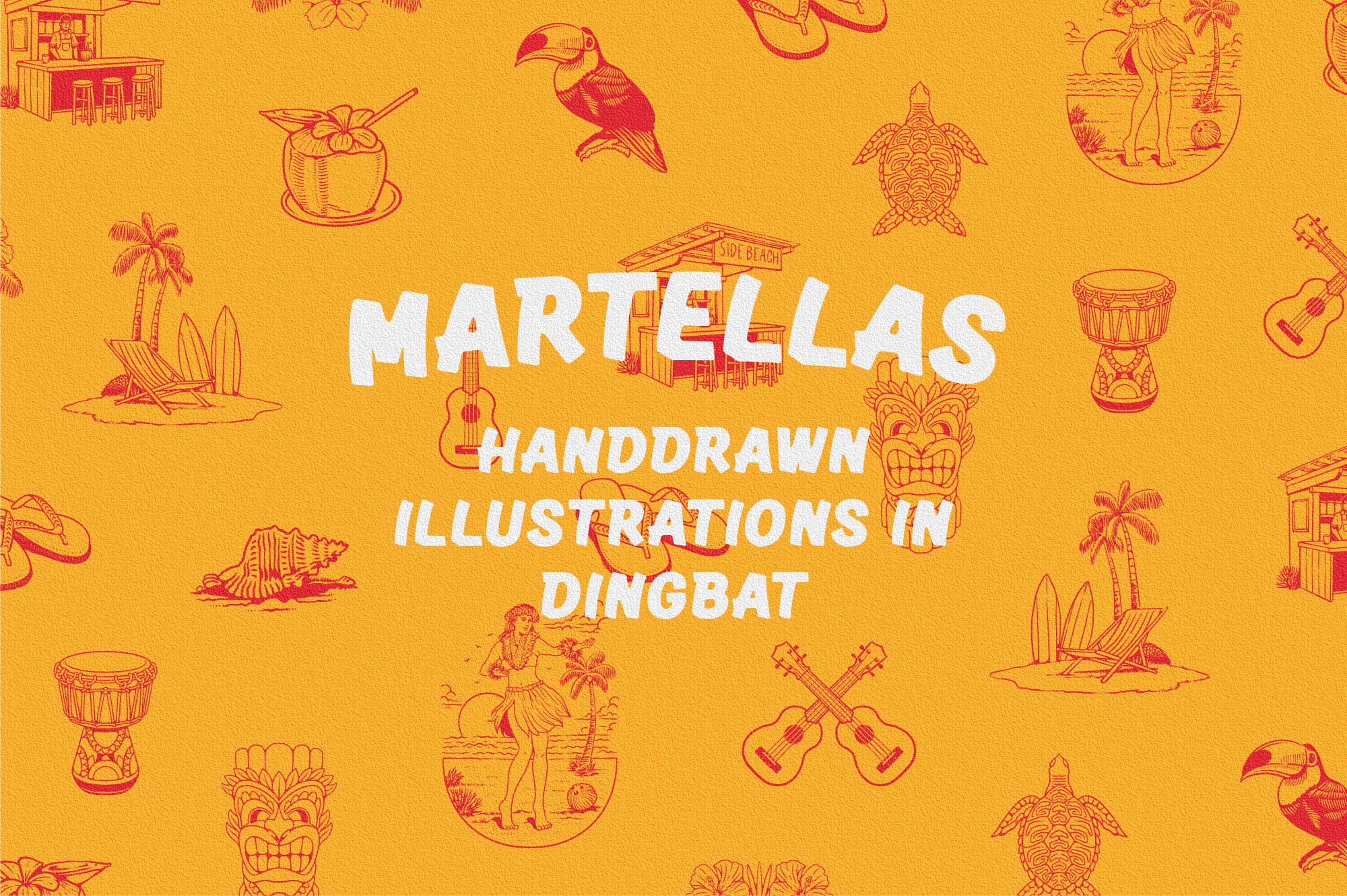 Martellas handdrawn tropical illustrations in dingbat style with tiki masks, palm trees, guitars