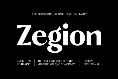 Zegion font family showing 18 styles with full character set on black background