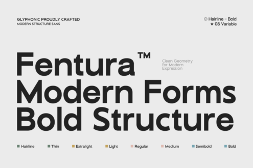 Fentura Modern Forms Bold typeface specimen with weight variations listed