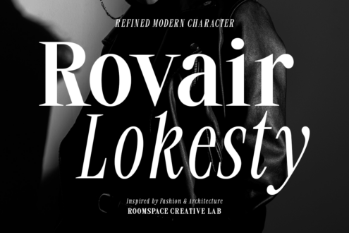 Fashion inspired serif font overlaid on black leather jacket photography