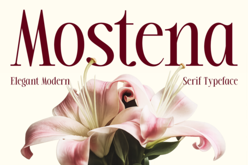 Mostena serif typeface display with pink lily flower, labeled Elegant Modern Serif