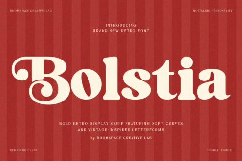 Bolstia retro serif font display on striped red background with soft curves