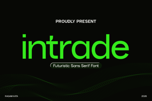 Black background featuring bright green Intrade typeface with wavy patterns