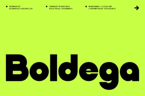 Boldega typeface landing page showing design philosophy on bright neon background