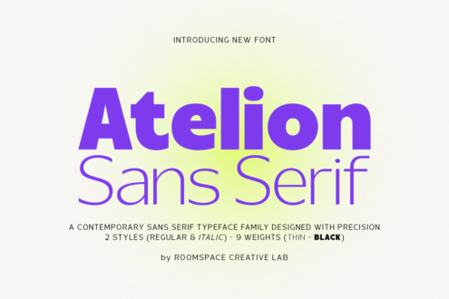 Atelion Sans Serif typeface intro showing contemporary purple font on pale background