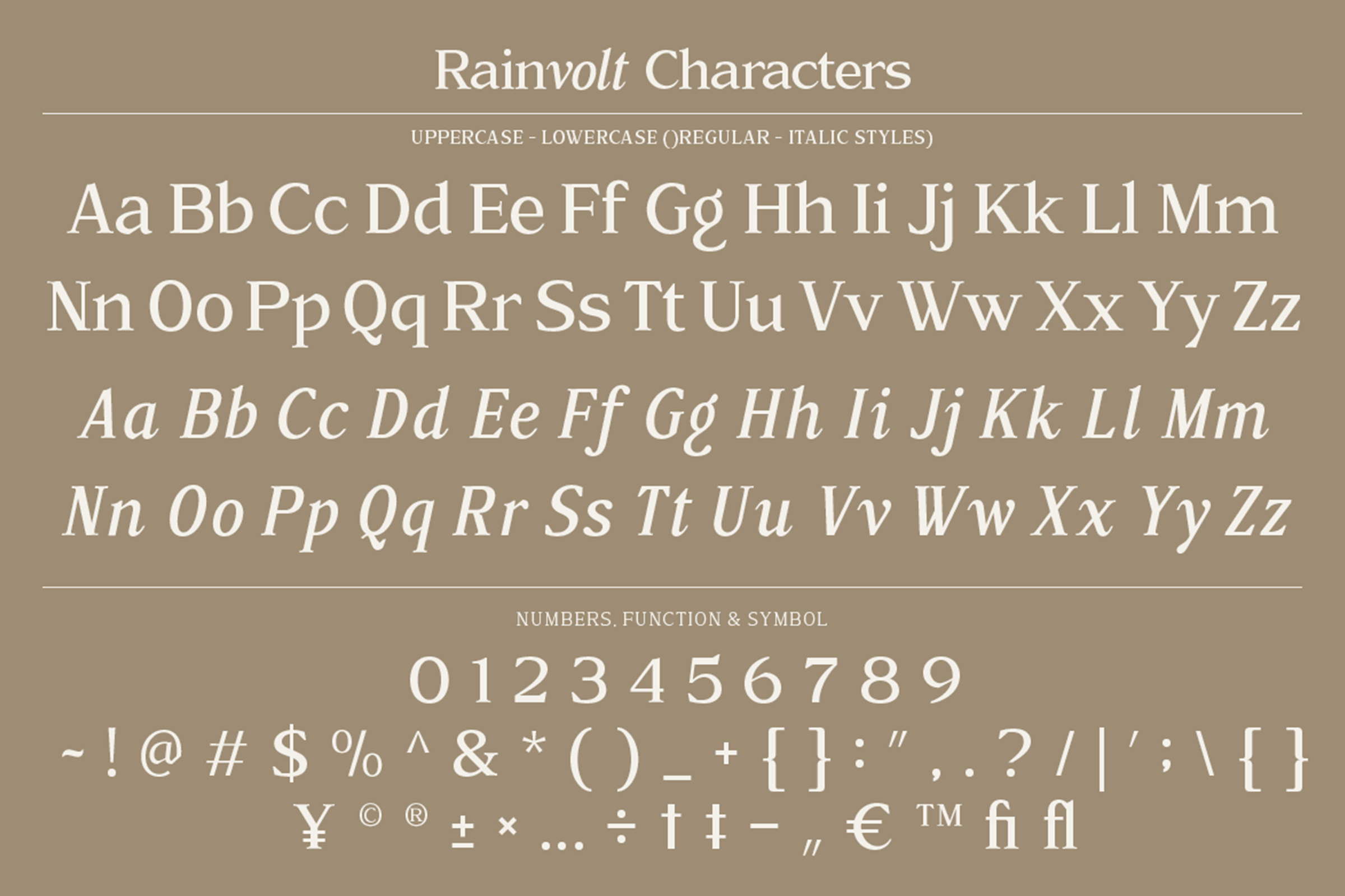 Rainvolt font showing uppercase, lowercase, italic styles plus numbers, symbols on tan background