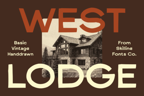 Retro lodge poster with vintage halftone cabin photo, rust typography on brown background