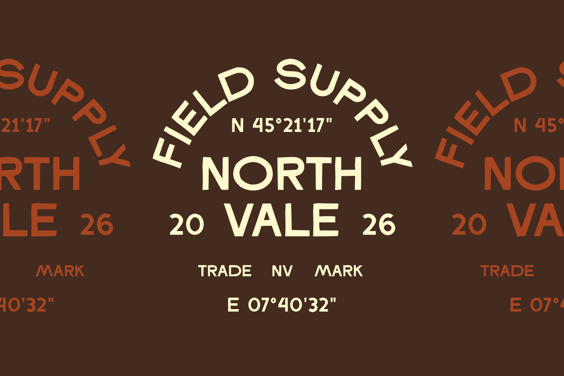 Vintage field supply north vale coordinates label with cream text on brown background