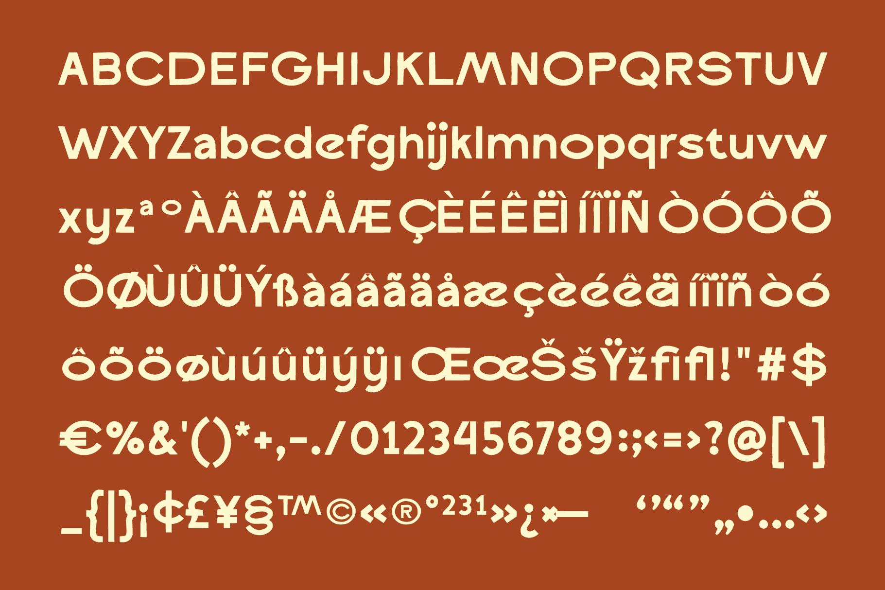 Bold sans serif font with full character set on terracotta background