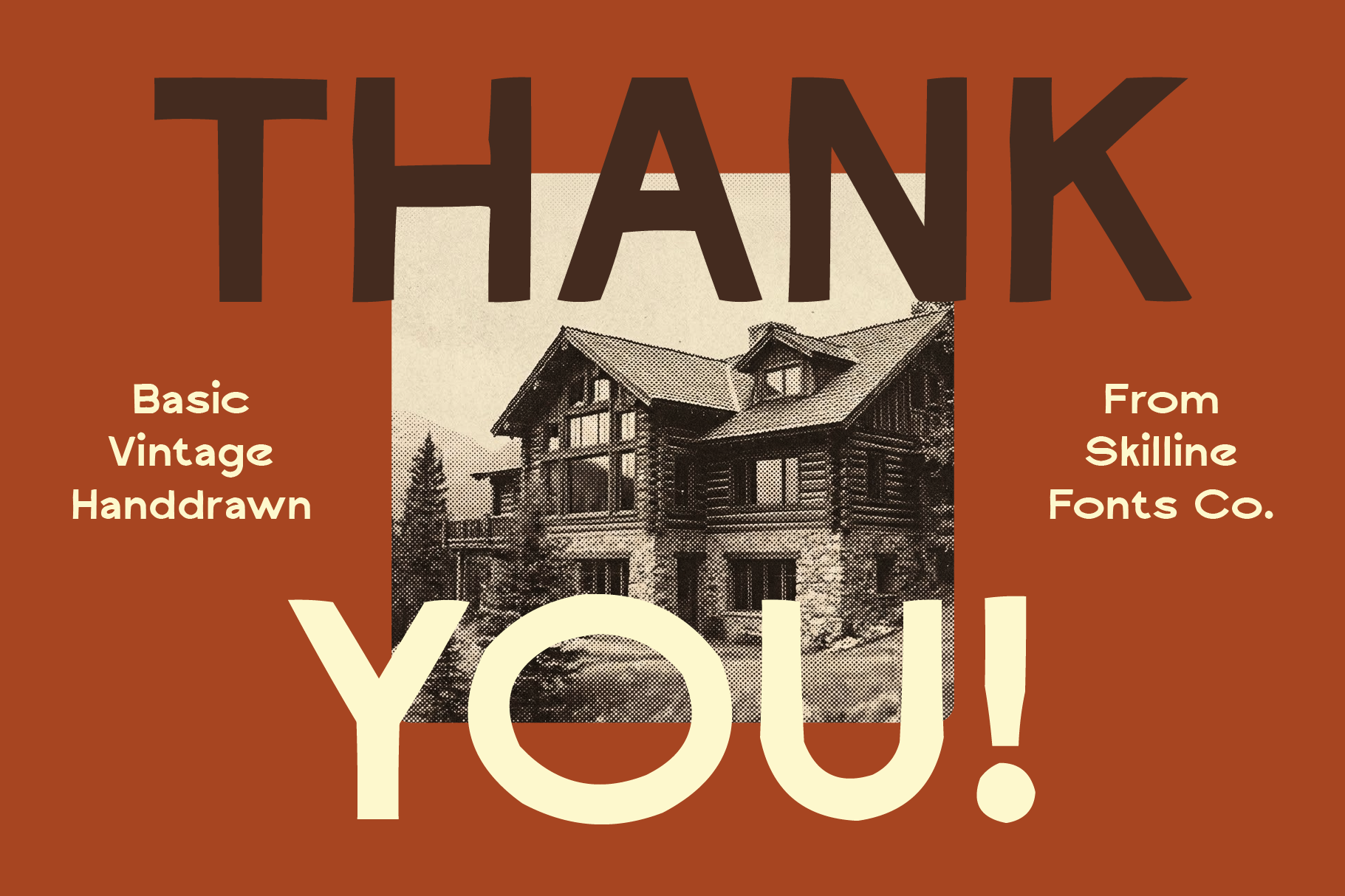 Retro poster with "Thank You" in cream type over vintage house photo on rust background