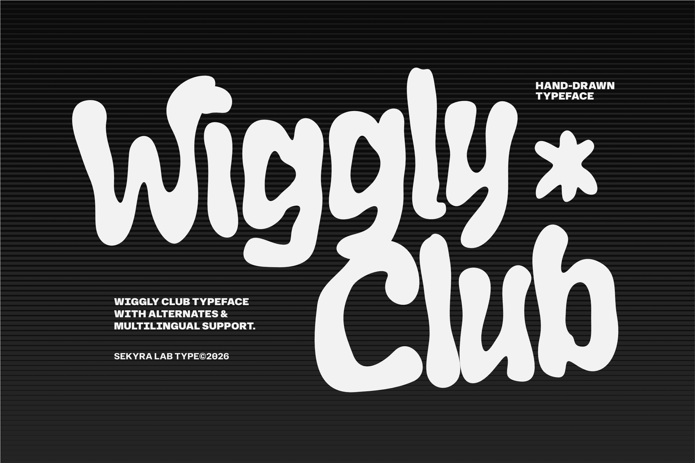 Wiggly Club hand-drawn typeface with bouncy letters on dark background