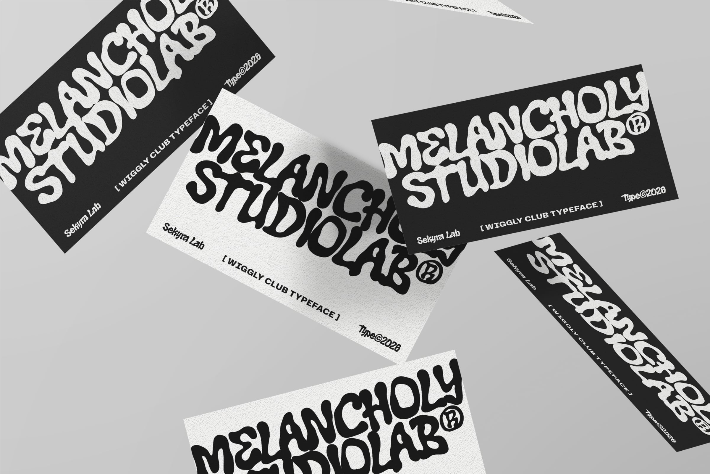 Scattered black plus white label mockups showing bold wavy typeface designs with studio branding