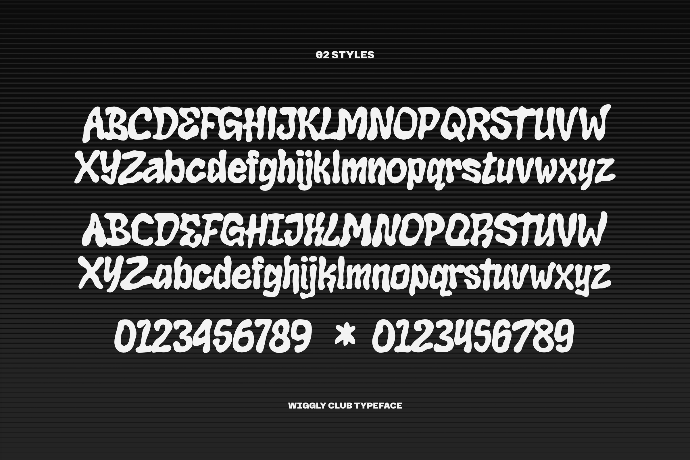 Wiggly Club typeface showing 82 styles with uppercase, lowercase, numbers on dark background