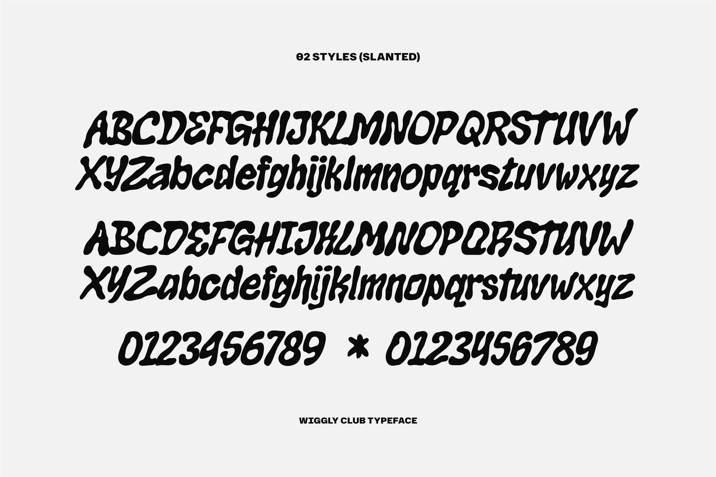 Wiggly Club typeface showing 62 slanted styles with full character set plus numbers