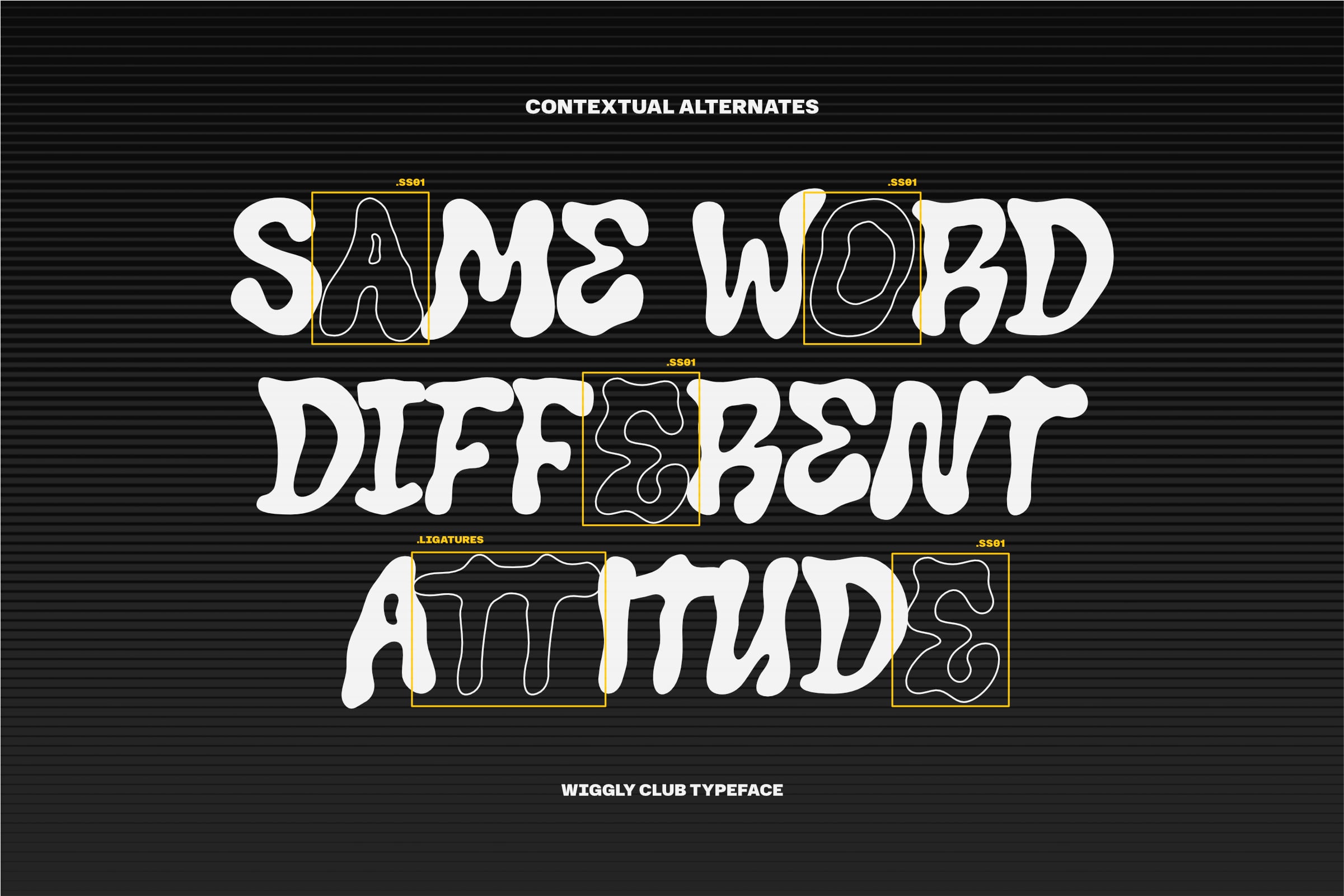 Wiggly Club typeface showing contextual alternates with swapped letter variations highlighted in yellow boxes