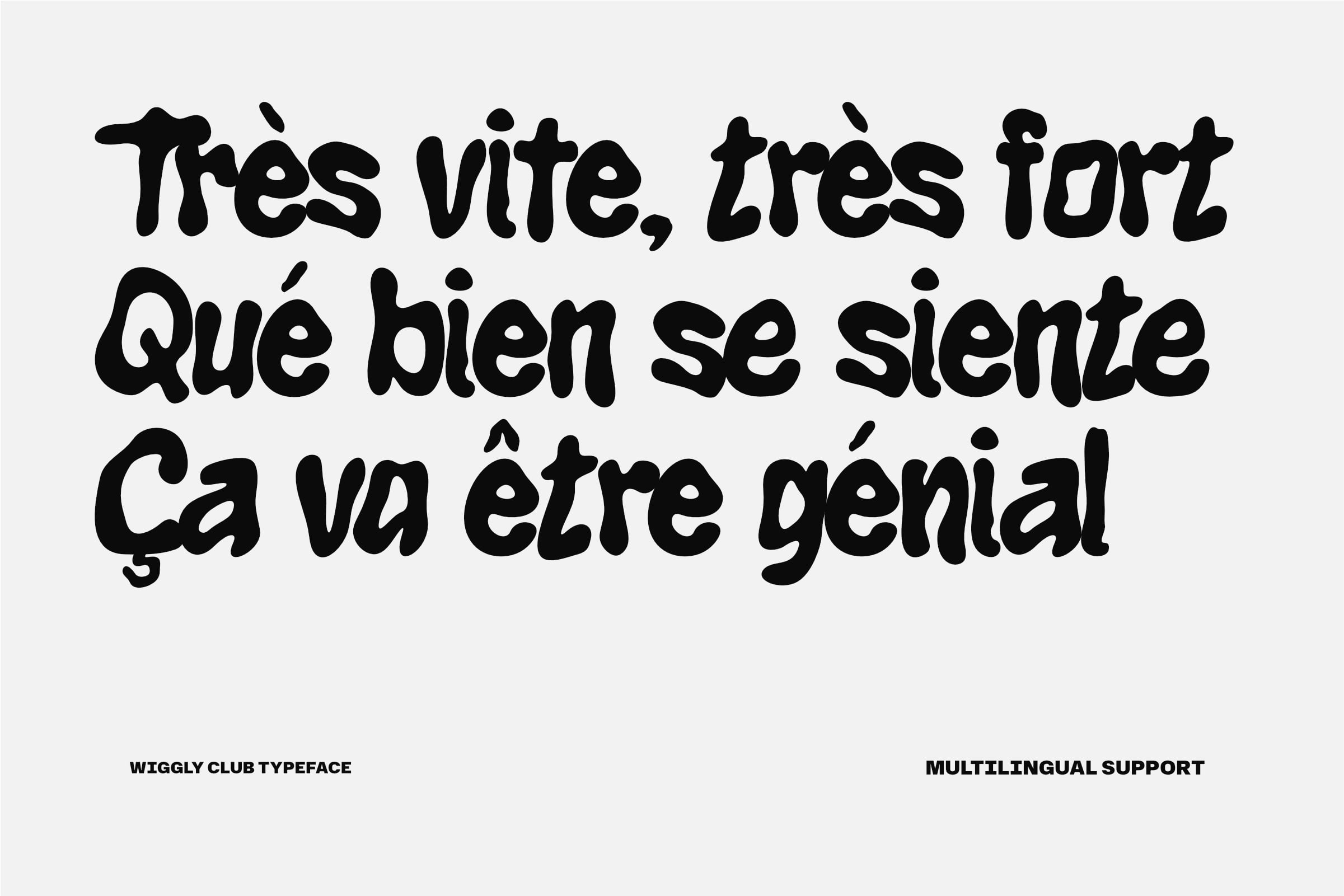 Wiggly Club typeface with multilingual text in French, Spanish, Portuguese