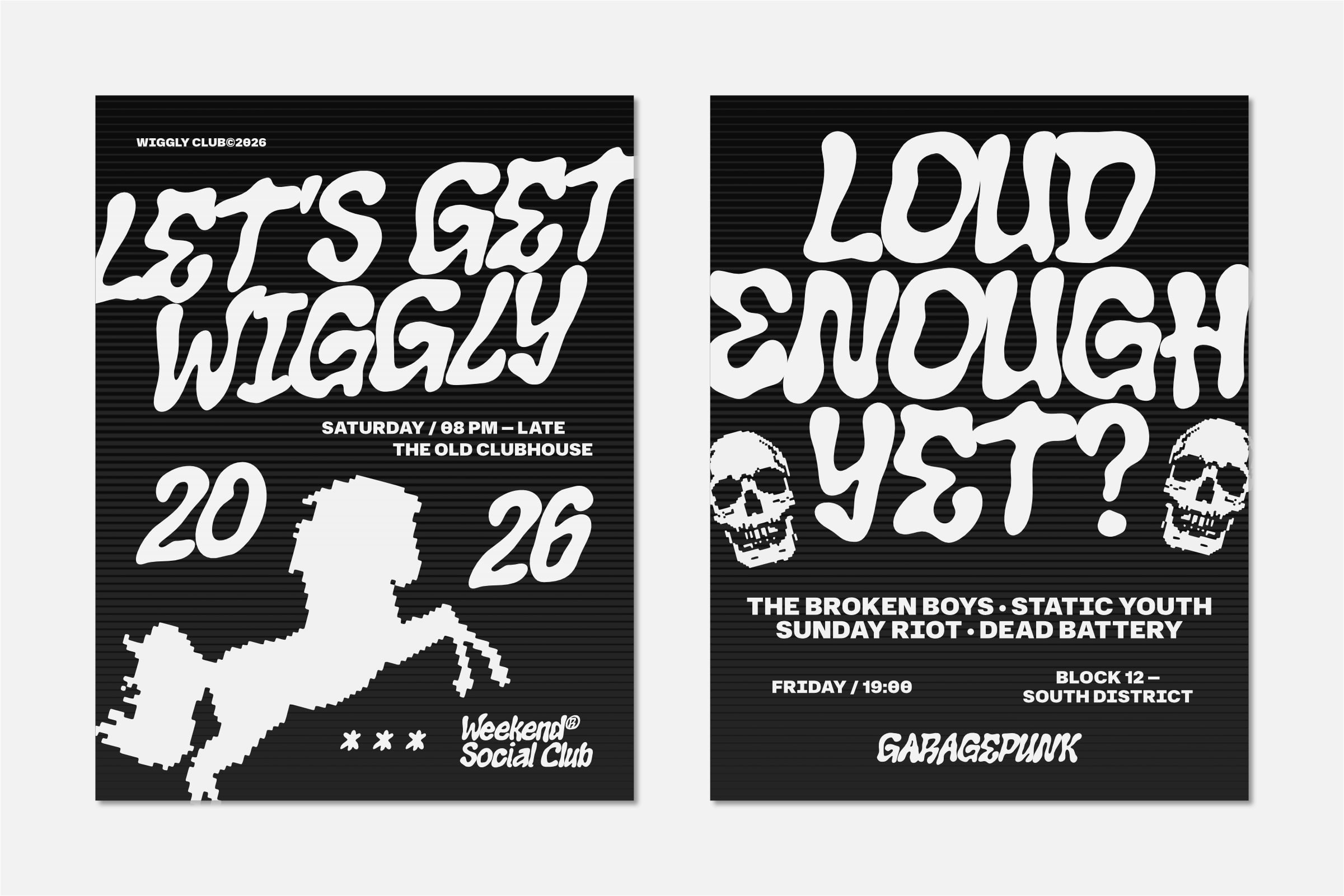 Edgy black concert posters with distorted white type, skull graphics, band names, venue details for garage punk shows