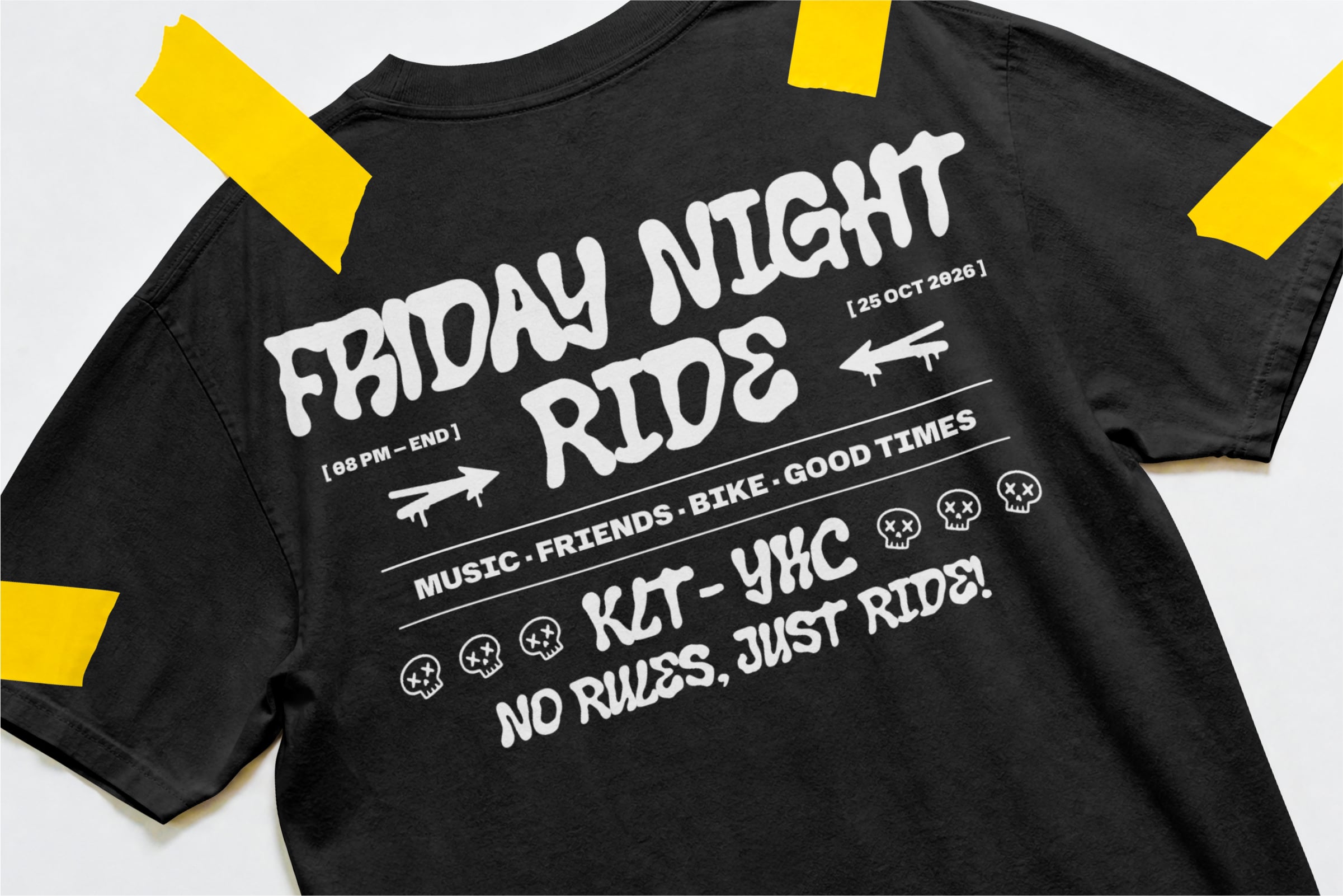 Black tee with "Friday Night Rides" graphic, event details, plus yellow tape overlays on sleeves