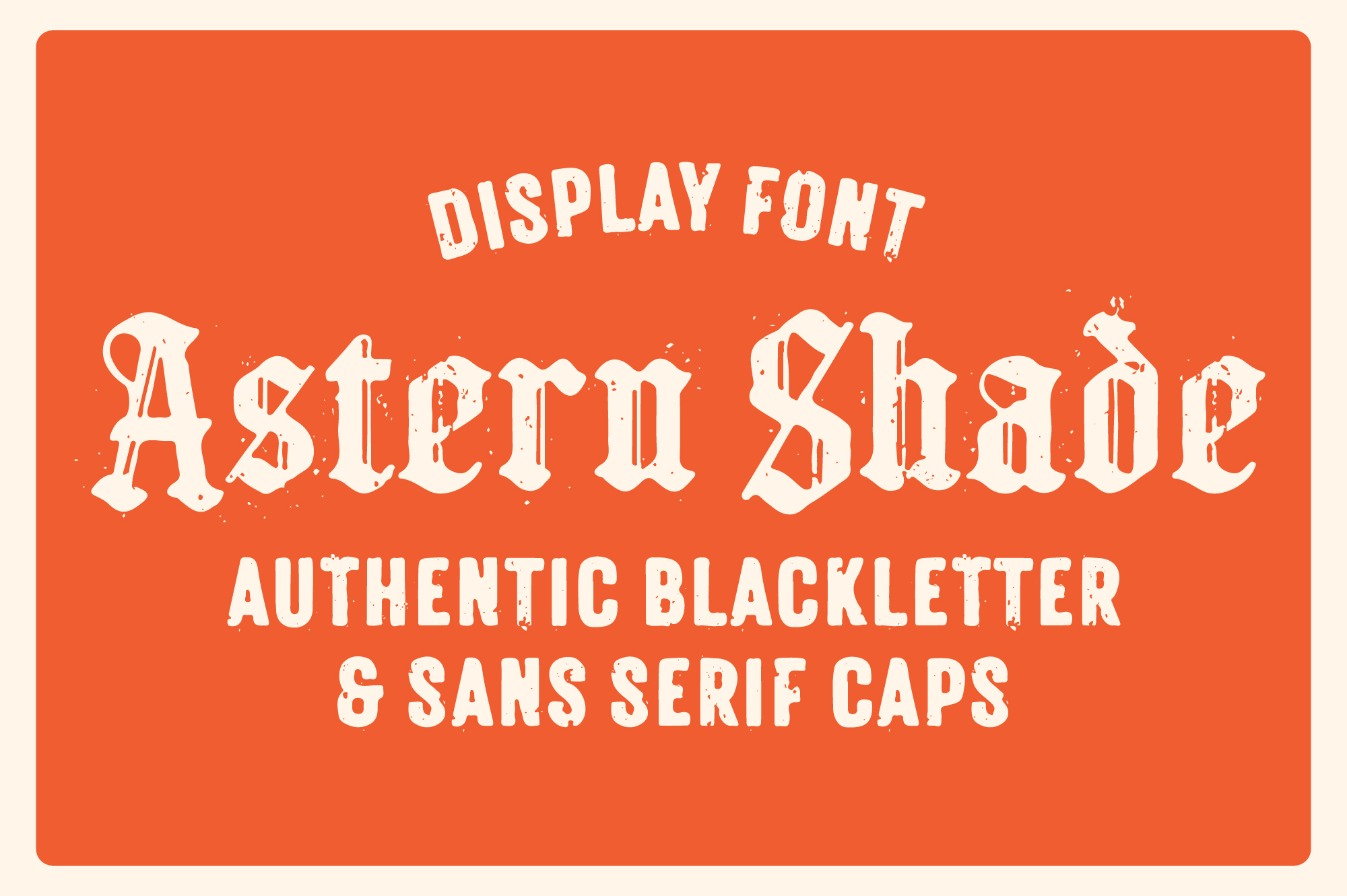 Distressed blackletter display font on bright orange background with worn texture