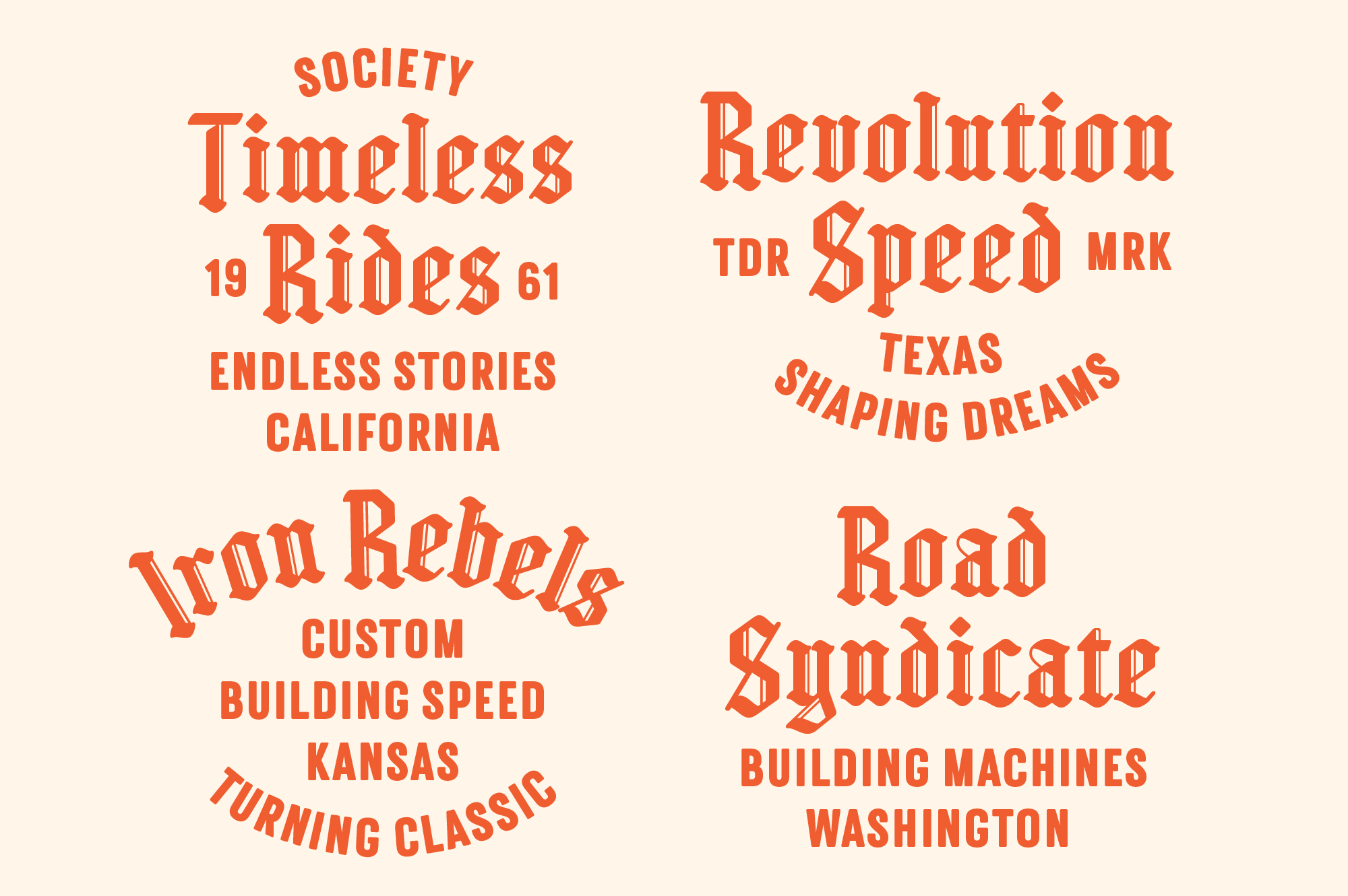 Vintage-style red text on cream background with retro motorcycle, car, motorcycle club phrases