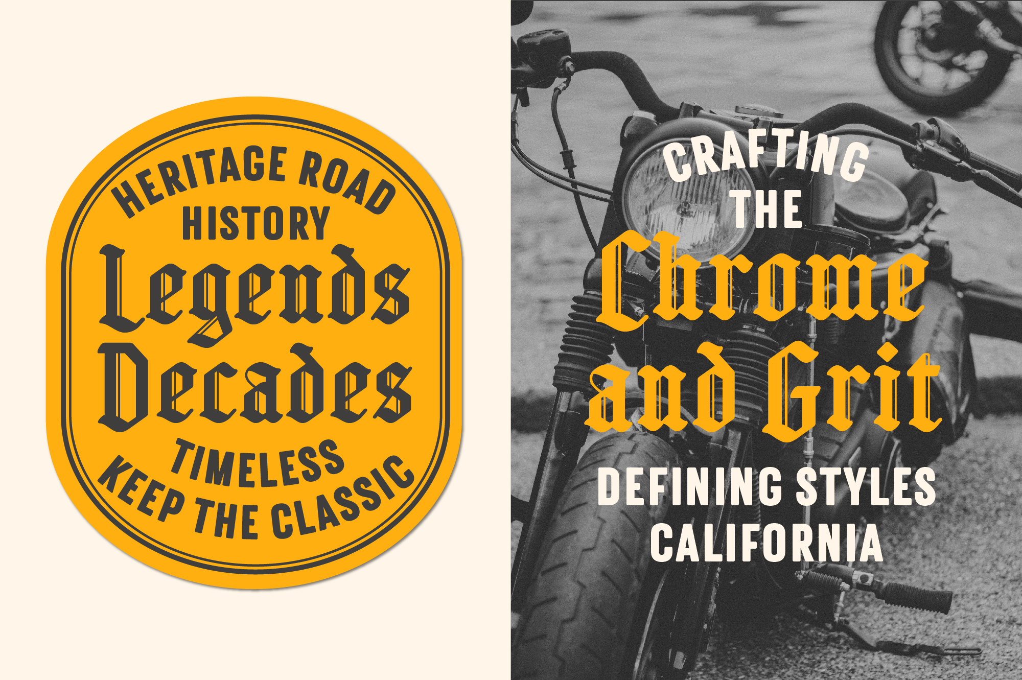 Vintage motorcycle badge with yellow circular seal reading Heritage Road History Legends Decades, paired with moody black-and-white bike photo overlay with gold typography