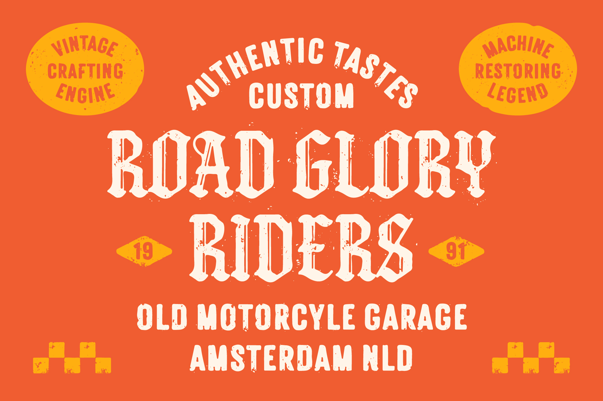 Retro motorcycle garage poster with distressed white lettering on burnt orange background