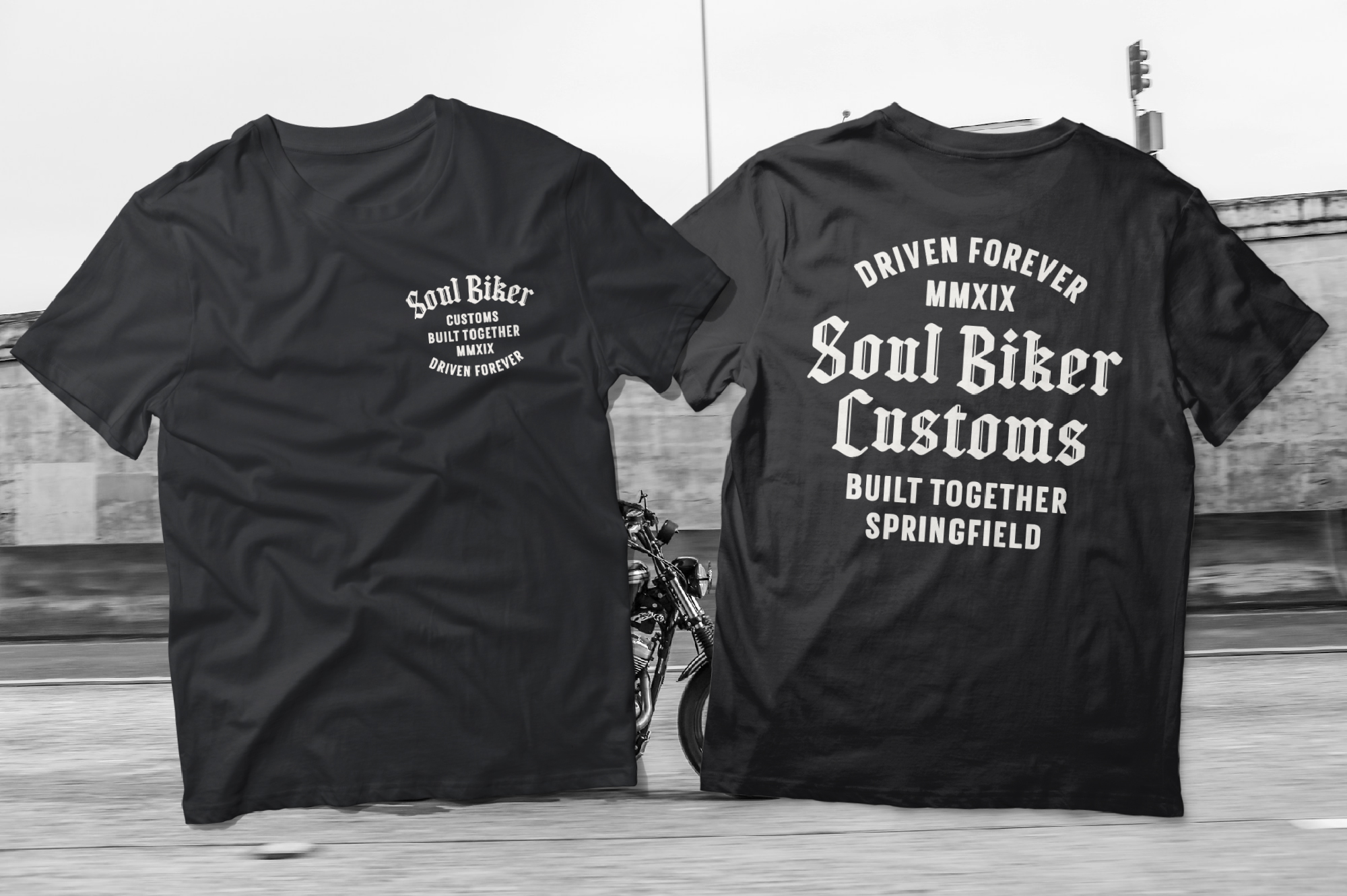Soul Biker Customs black tee mockup with front, back views of motorcycle design