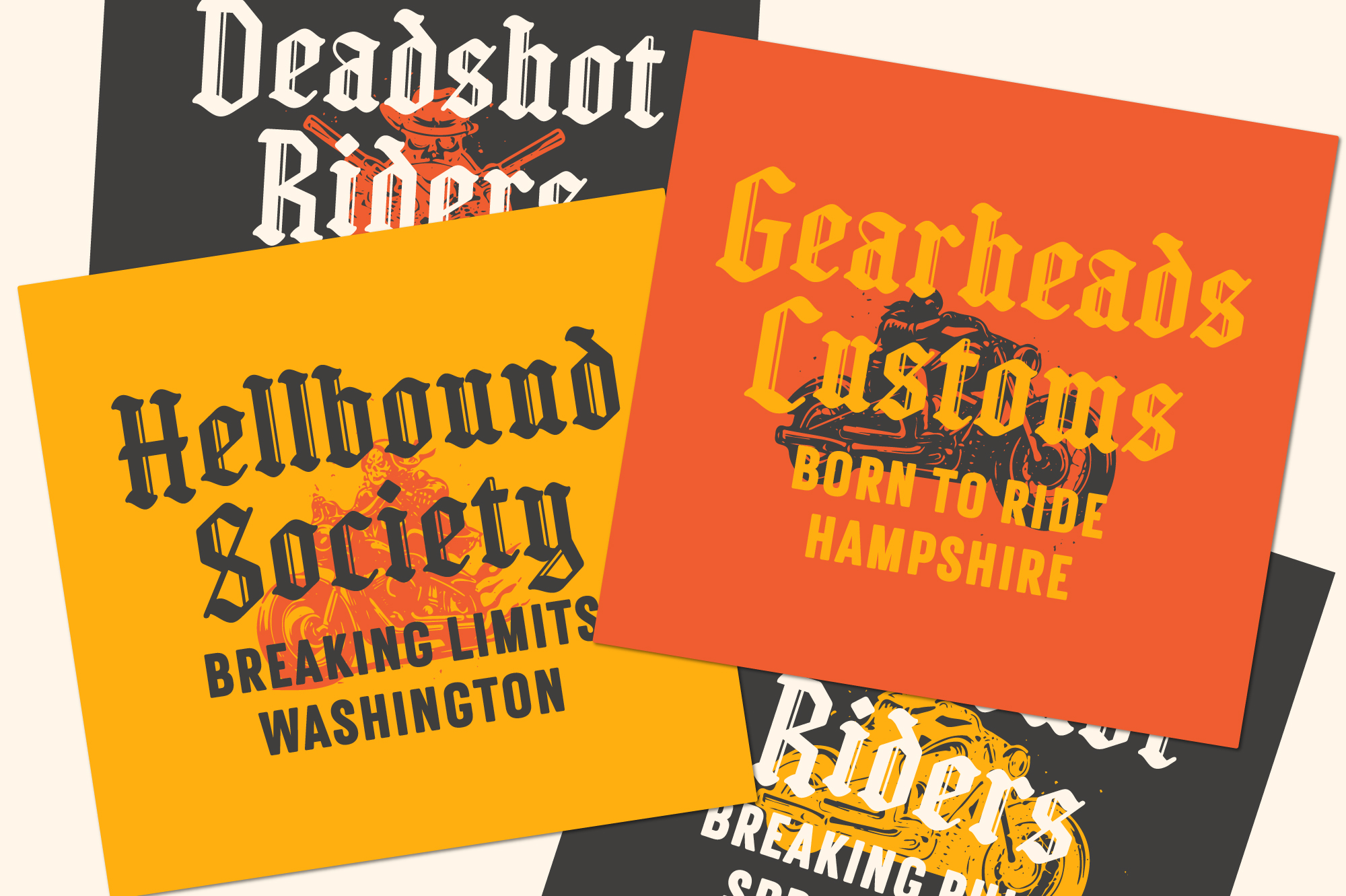 Biker gang themed posters with bold gothic lettering in yellow, orange, red with motorcycle graphics