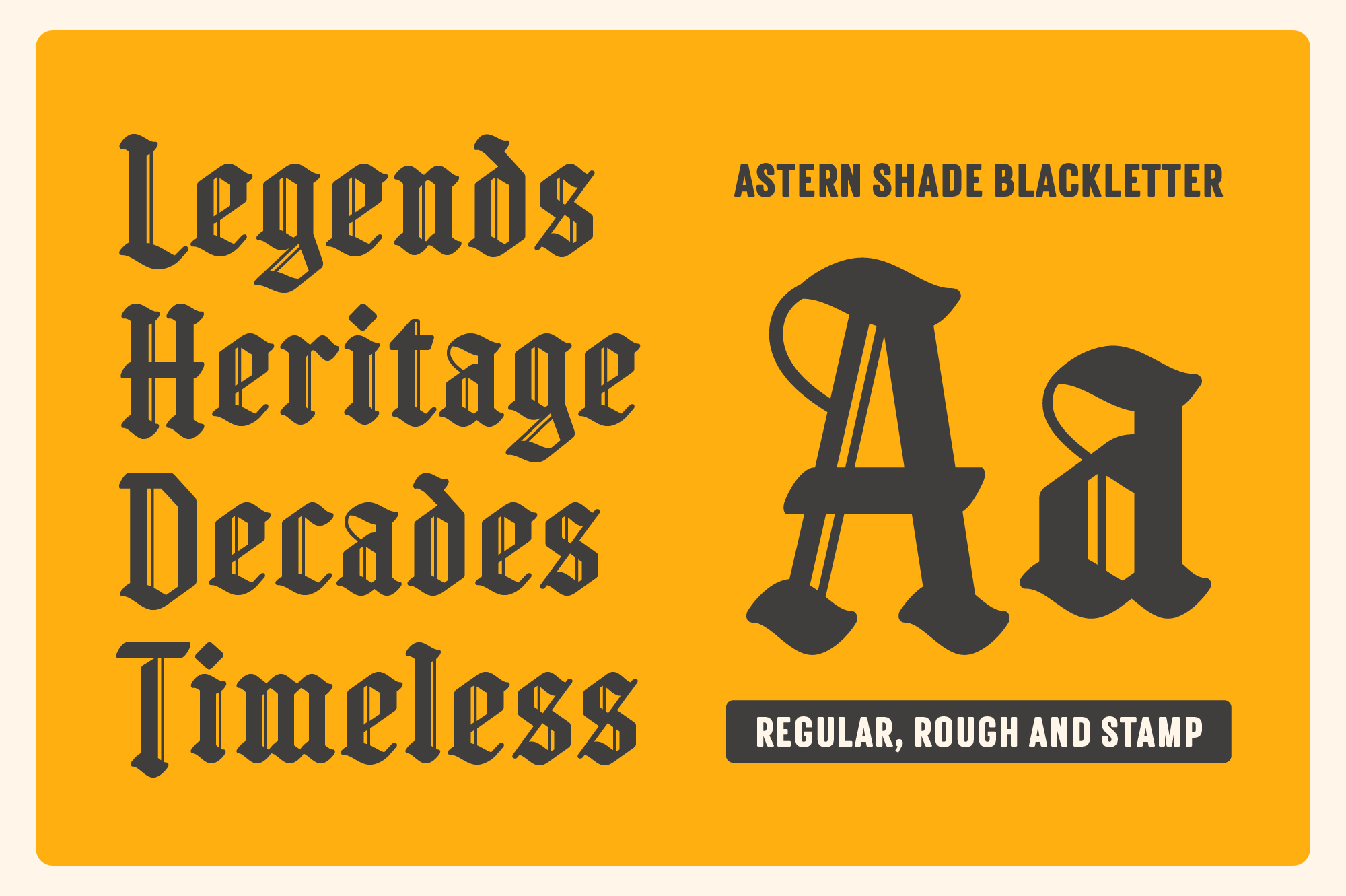 Astern Shade blackletter font display with three variations on bright yellow background