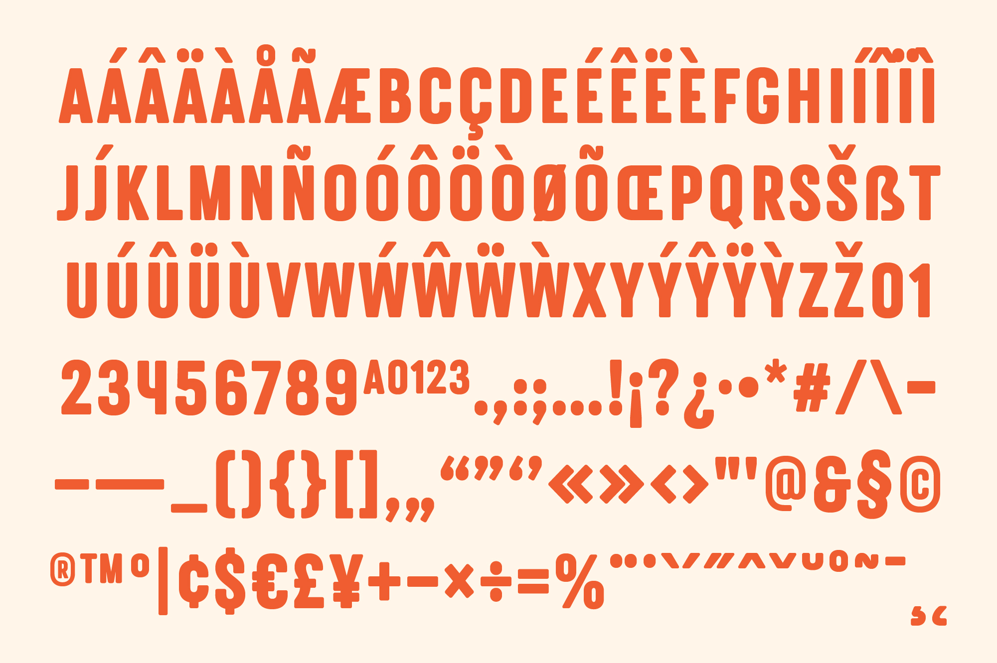 Bold orange typeface showing full character set with accented letters, numbers, symbols on cream background