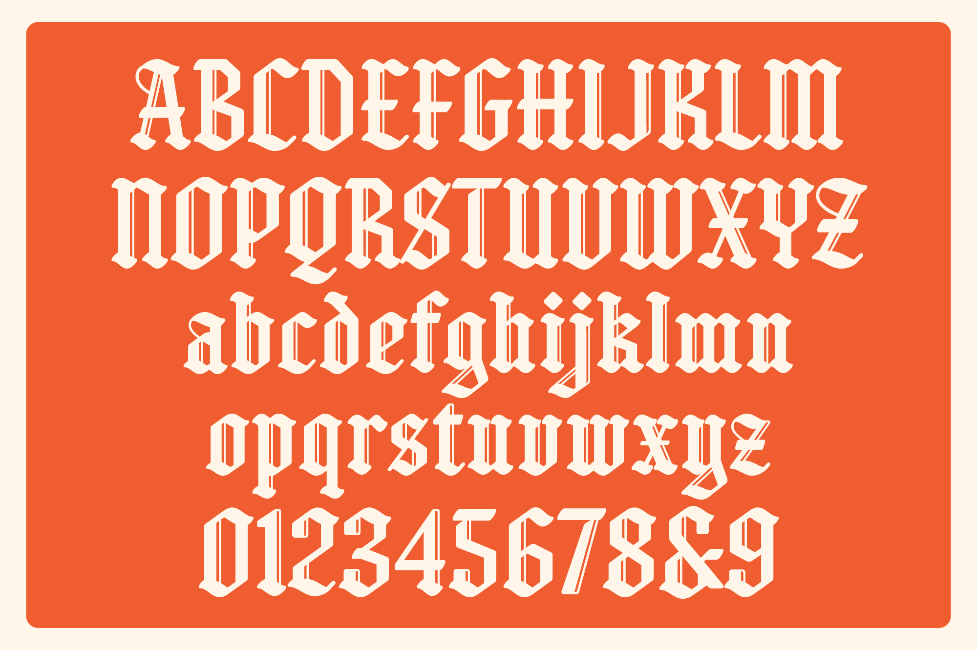 Bold gothic typeface with ornate serifs on burnt orange background showing full alphabet, numbers