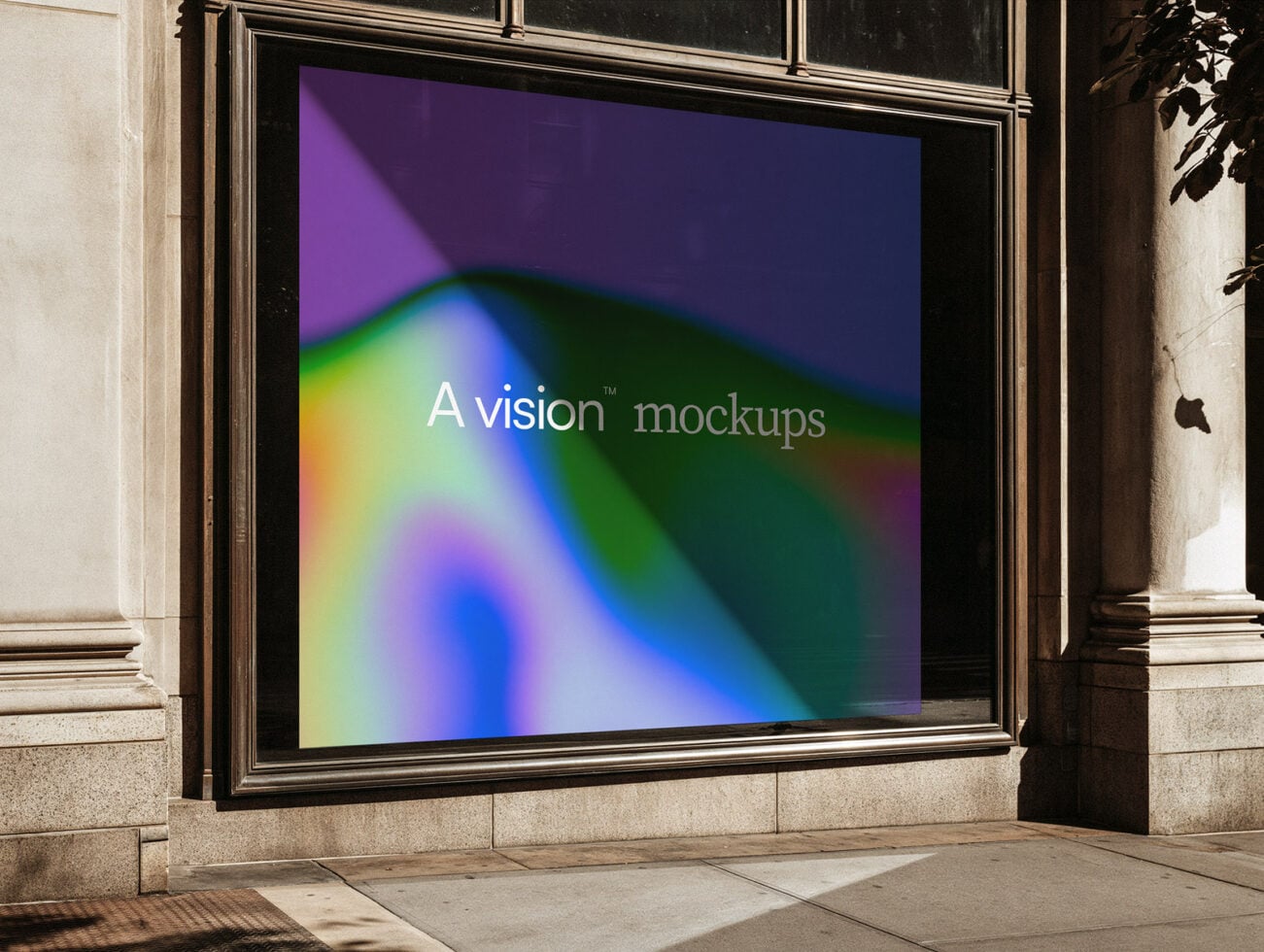 Storefront display window with vibrant gradient backdrop showing colorful light leak effect with text overlay