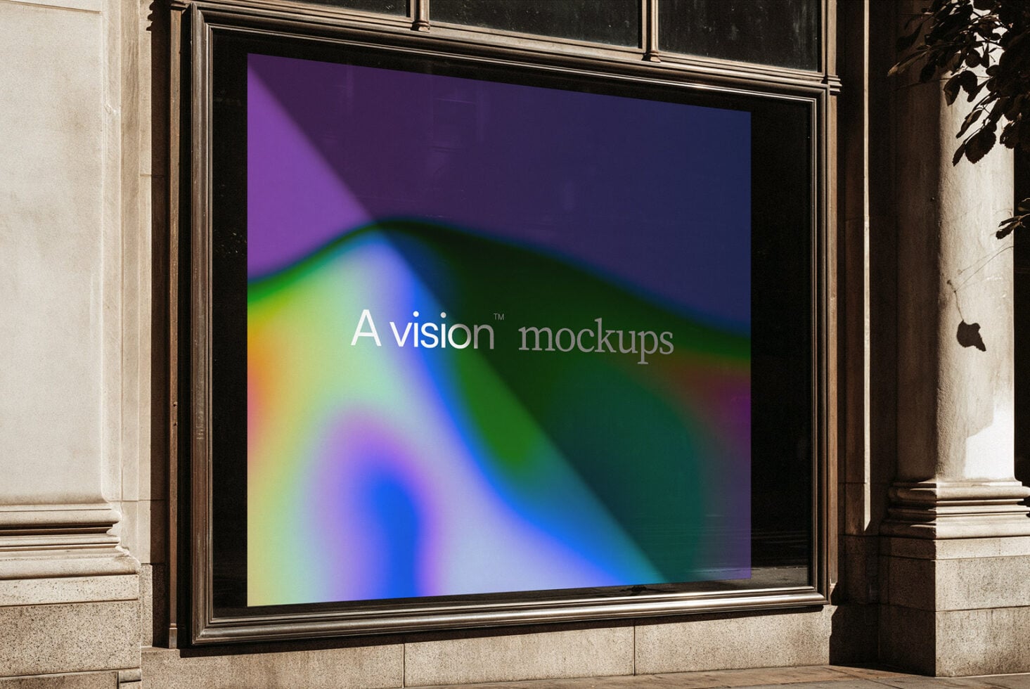 Window display mockup showing vibrant gradient background with text overlay on black frame storefront