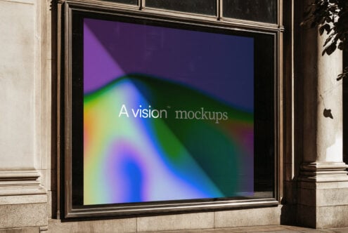 Window display mockup showing vibrant gradient background with text overlay on black frame storefront