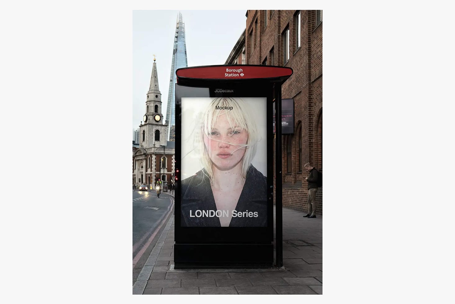 London street advertising shelter mockup showing portrait on digital display with Borough Station branding