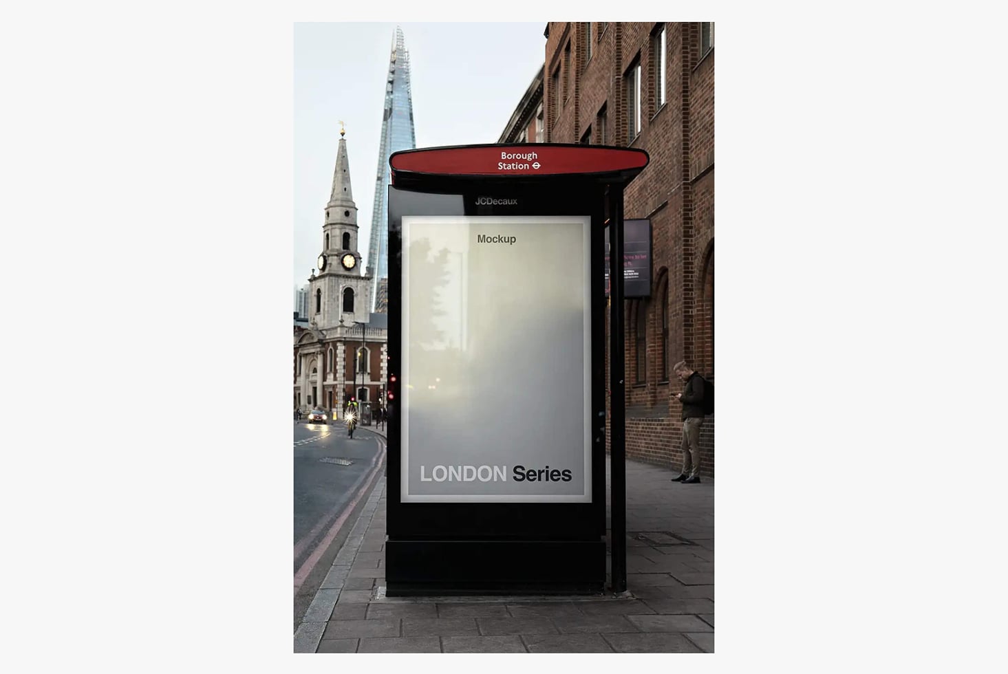 London subway poster mockup on street shelter with historic church in background