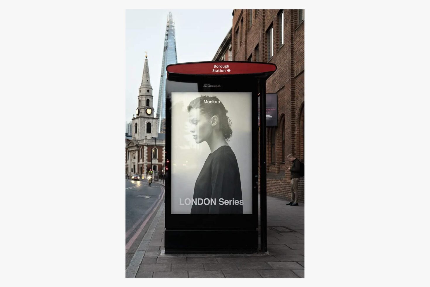 London bus shelter mockup with portrait display on street